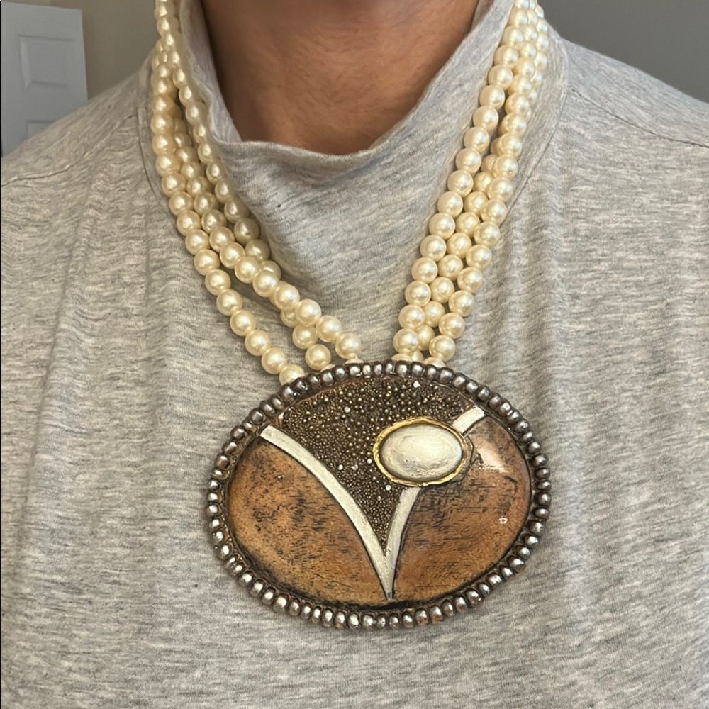 Cream and Brown Multi-Strand Necklace with Oval Pendant